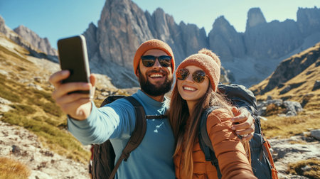 Couple taking selfie with mobile phone in Dolomites mountains, Italyの写真素材