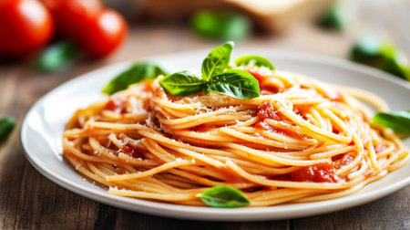 Spaghetti pasta with tomato sauce and parmesan on wooden tableの写真素材