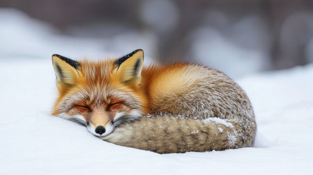 Red fox (Vulpes vulpes) sleeping in the snow