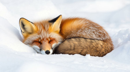 Red fox (Vulpes vulpes) lying in the snowの写真素材