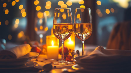 Two glasses of wine on a table in a restaurant, romantic dinnerの写真素材