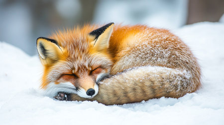 Red fox (Vulpes vulpes) sleeping in the snowの写真素材