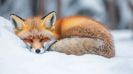 Red fox (Vulpes vulpes) sleeping in the snowの写真素材