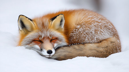 Red fox (Vulpes vulpes) sleeping in the snowの写真素材