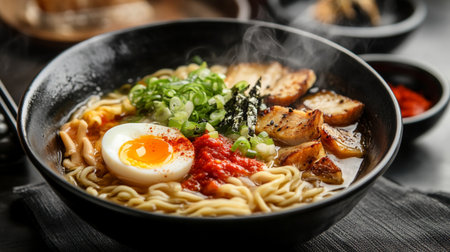 japanese ramen noodle soup with pork and egg on black backgroundの写真素材