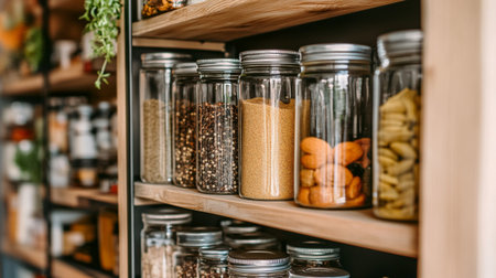 Assortment of spices and herbs in glass jars on shelves in pantryの写真素材