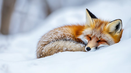 Red fox (Vulpes vulpes) sleeping in the snowの写真素材