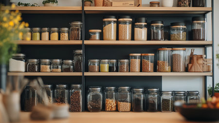 Glass jars with different types of grains and cereals on shelves in kitchenの写真素材