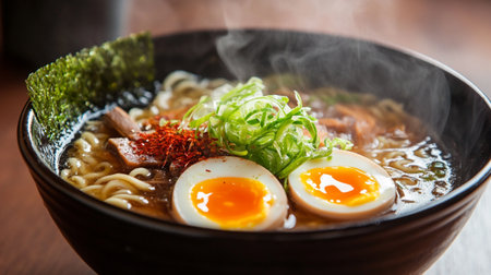 japanese ramen noodle with pork and egg on wood backgroundの写真素材