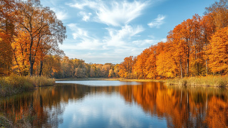 Autumn landscape with lake and yellow trees in the park. Beautiful nature backgroundの写真素材