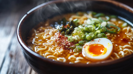 Japanese ramen noodle soup with egg and green onion on wooden background