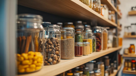 Assortment of spices in glass jars on shelves in pantry, closeupの写真素材