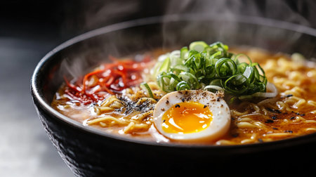 Japanese ramen noodle soup with egg and vegetables in a bowlの写真素材
