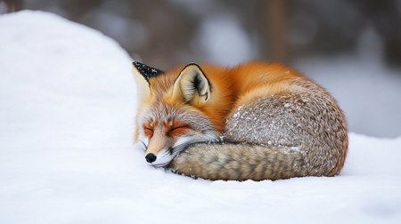 Red fox (Vulpes vulpes) sleeping in the snowの写真素材