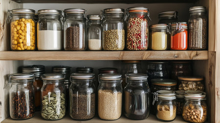 Jars with different spices on shelves in pantry, closeupの写真素材