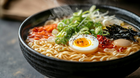 Japanese ramen noodle soup with egg, kimchi and vegetablesの写真素材