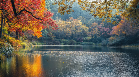 Autumn landscape with lake and colorful trees. Colorful fall forest.