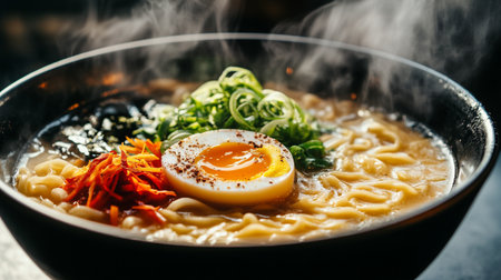 Japanese ramen noodle soup with kimchi, egg and vegetablesの写真素材