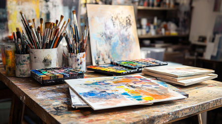 Paintbrushes and palette on a wooden table in art studio