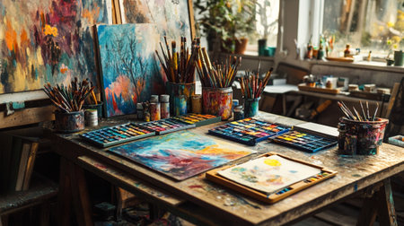 Artist workspace with paintbrushes and palette on wooden table in art studio