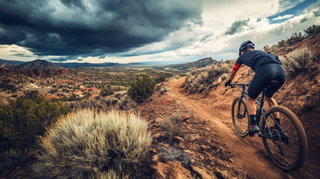 Cyclist Riding a Mountain Bike on a Rocky Trail in the Utah Desert