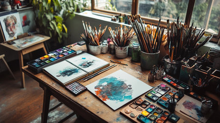 Paintbrushes and watercolors on a wooden table.
