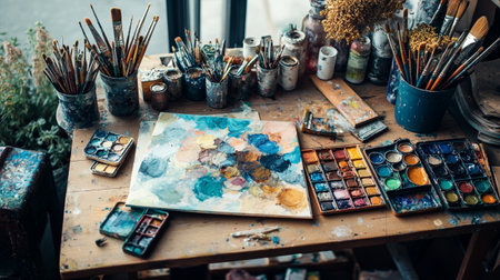 Artist paint brushes and palette on wooden table in art studio background.の写真素材