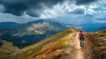 Cyclist on the trail in the mountains under stormy skyの写真素材