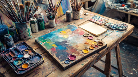 Palette with paint and brushes on the table in the artist's studioの写真素材