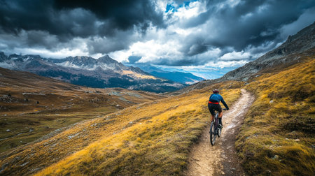 Mountain bike rider on the trail in the Dolomites mountainsの写真素材