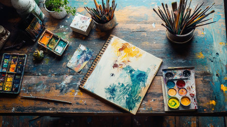 Top view of artist workplace with brushes and paints on wooden table.の写真素材