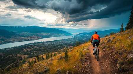 Cyclist Riding the Bike on the Rocky Mountain Trail. Extreme Sport Concept.の写真素材