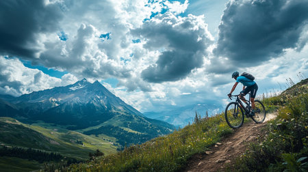 Cyclist on the trail in the mountains. Sport and active life concept