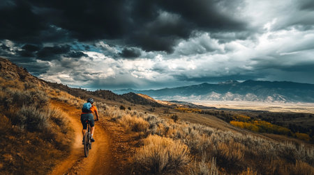 Mountain bike rider on the trail in the autumn mountains. Panoramic view