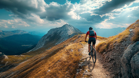 Cyclist Riding the Bike on the Trail in the Mountains. Extreme Sport Concept.