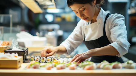 young woman chef decorating sushi roll in japanese restaurant kitchenの写真素材