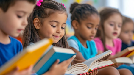 selective focus of cute little children reading books in classroom at school