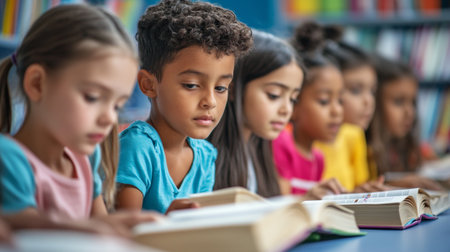 Portrait of cute little children reading book together in library at schoolの写真素材