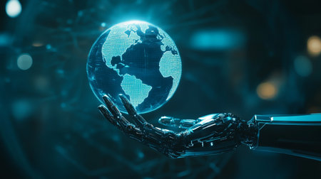 Close up of robot hand holding Earth planet on dark background 3D renderingの写真素材