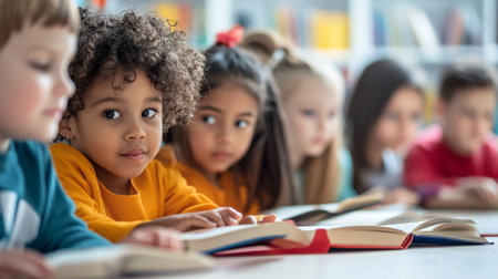 selective focus of african american kids reading books in libraryの写真素材