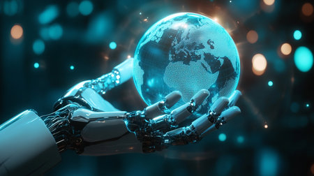 3D rendering robot hand holding earth globe on bokeh background