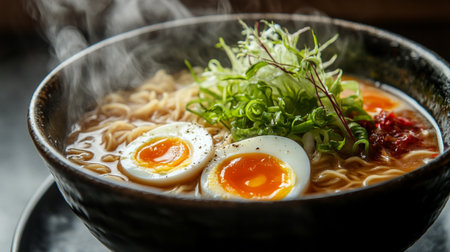 Japanese ramen noodle soup with egg in bowl on wooden table