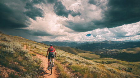 Cyclist Riding a Mountain Bike on the Trail in the Rocky Mountainsの写真素材
