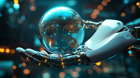 3d rendering robot hand holding crystal ball on bokeh backgroundの写真素材