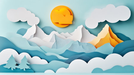 Paper art landscape with mountains, clouds and sun. 3d renderingの写真素材