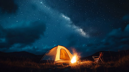 Camping in the mountains at night. The tent stands near the campfire and the starry sky.の写真素材