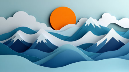 Paper art landscape with mountains, sun and clouds. Vector illustration.