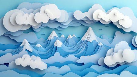 Paper art of mountains and clouds in the blue sky. 3D illustration.