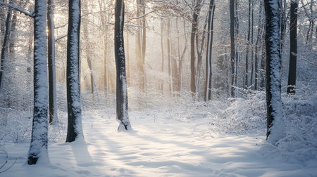 Winter forest at sunset. Beautiful winter landscape with trees covered with snowの写真素材