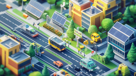Mini city with electric bus and solar panels. 3d illustration.の写真素材